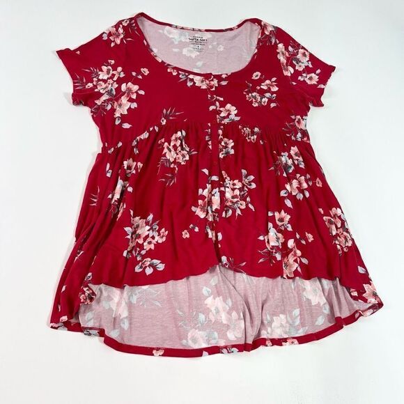 Torrid Peplum Blouse Women's 3 Red Floral Cap Sleeves Gathered Bodice Hi Low Hem - Picture 1 of 7